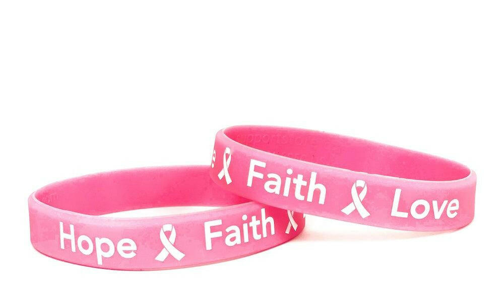 Breast Cancer Awareness "Hope Faith Love" Pink Rubber Bracelet Wristband White Letters- Adult 8" - Support Store