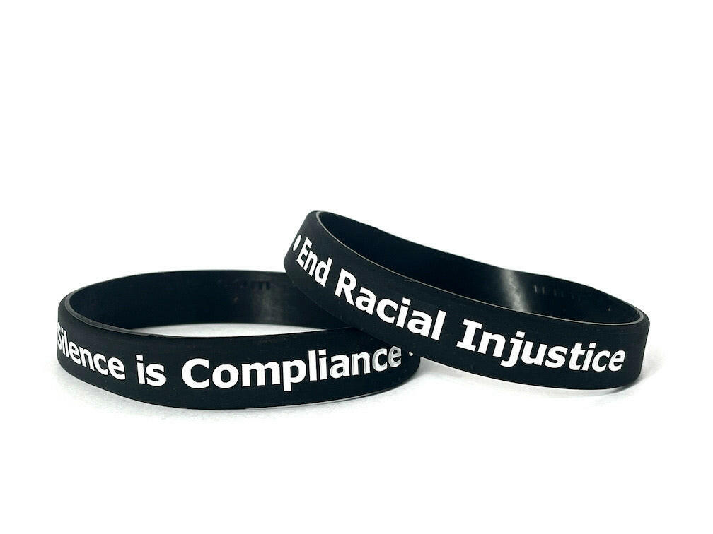 Silence is Compliance End Racial Injustice Black Rubber Bracelet Wristband White Letters - Adult 8" - Support Store