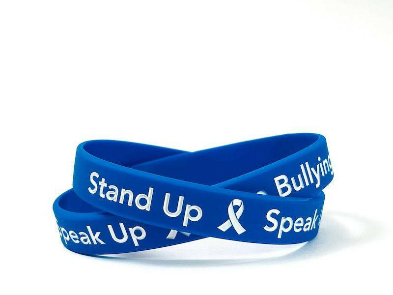 Stand Up - Speak Up - Stop Bullying White Letters Blue Wristband - Adult 8" - Support Store