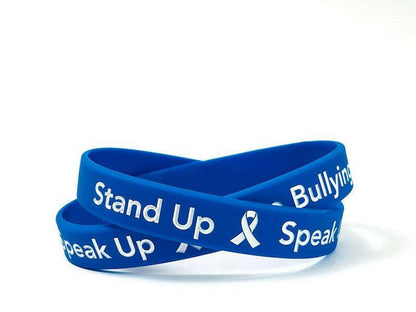 Stand Up - Speak Up - Stop Bullying White Letters Blue Wristband - Adult 8" - Support Store